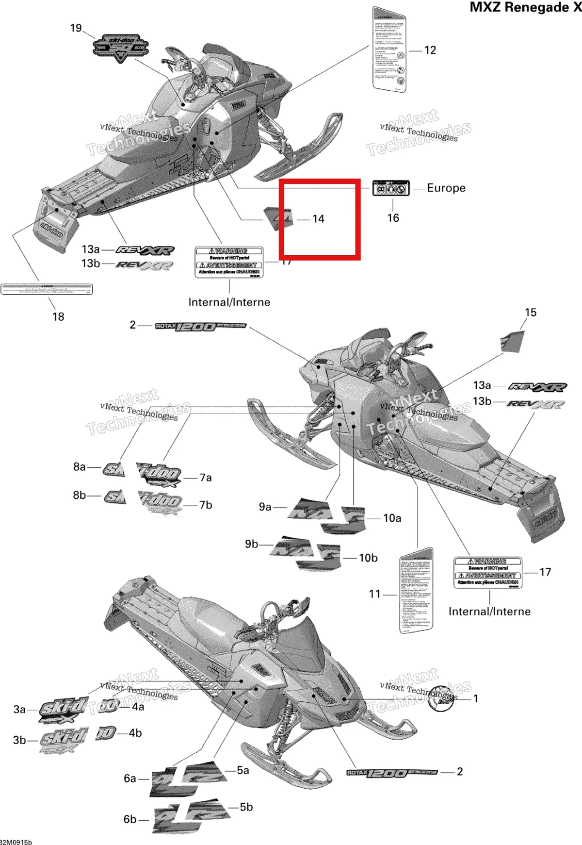 Деталь 516003663 на схеме узла 2009 Ski-Doo MX Z Renegade X 1200 4-TEC Decals Renegade X