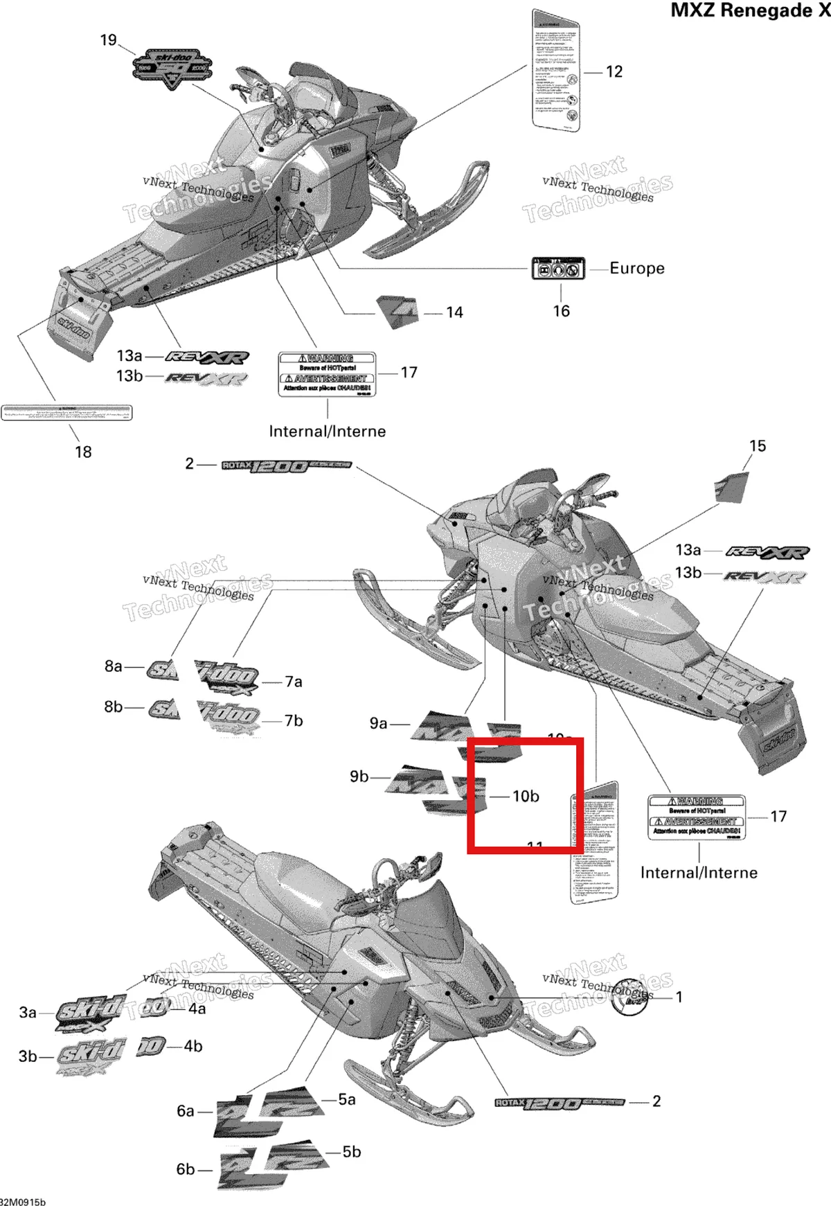 Деталь 516003668 на схеме узла 2009 Ski-Doo MX Z Renegade X 1200 4-TEC Decals Renegade X