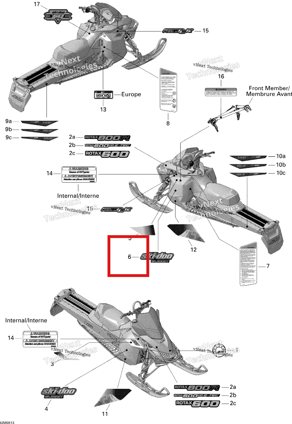 Деталь 516003673 на схеме узла 2009 Ski-Doo Summit Everest 600 H.O. E-TEC Decals 600Ho