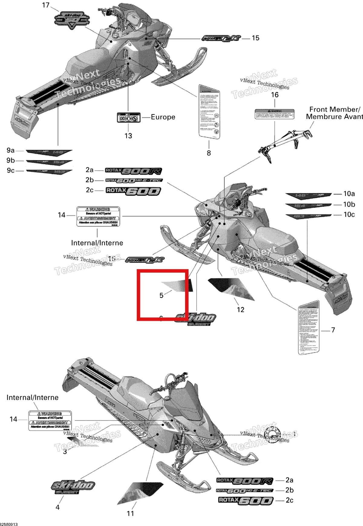 Деталь 516003675 на схеме узла 2009 Ski-Doo Summit Everest 600 H.O. E-TEC Decals 600Ho