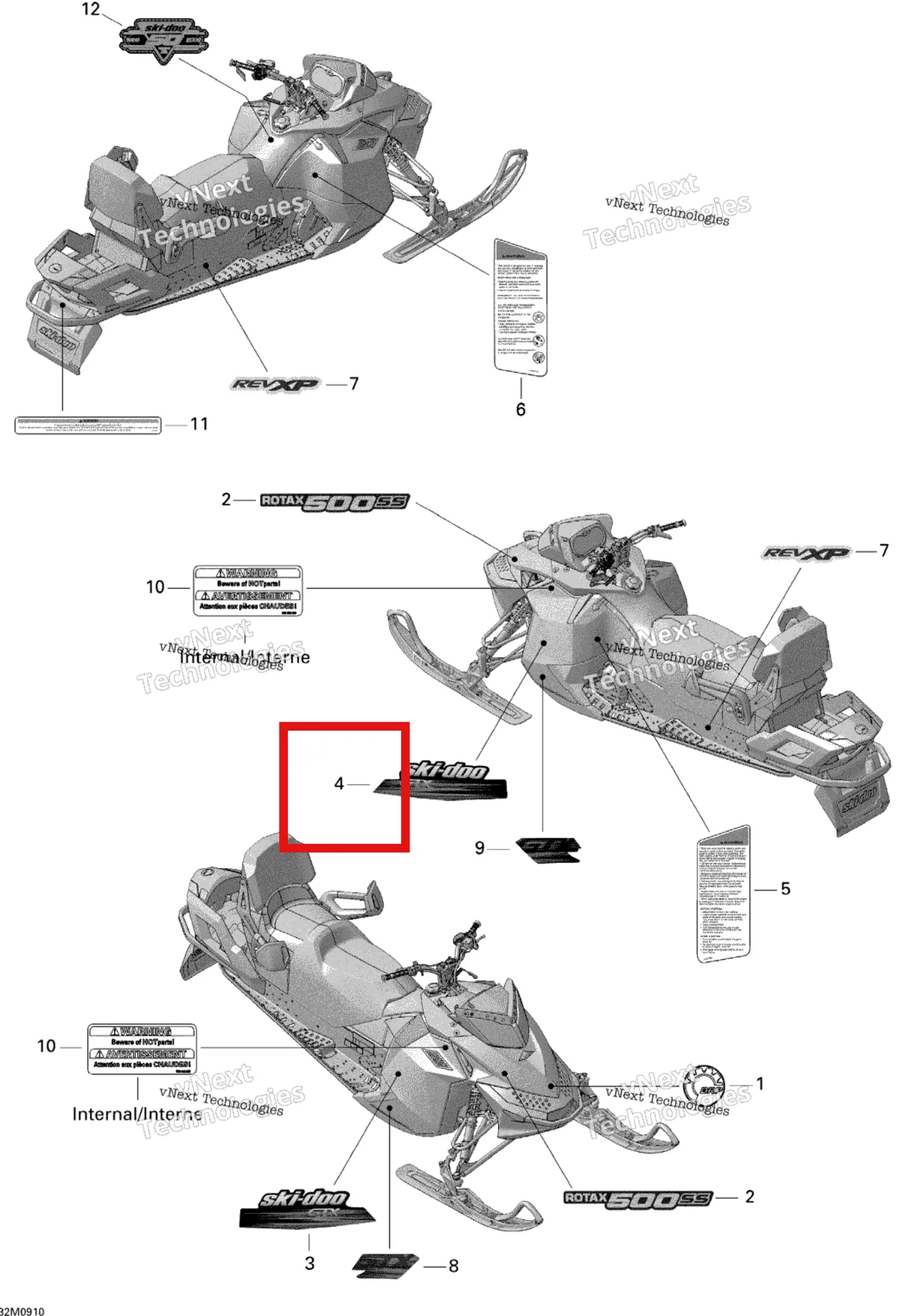 Деталь 516003712 на схеме узла 2009 Ski-Doo GTX Sport 500SS Decals