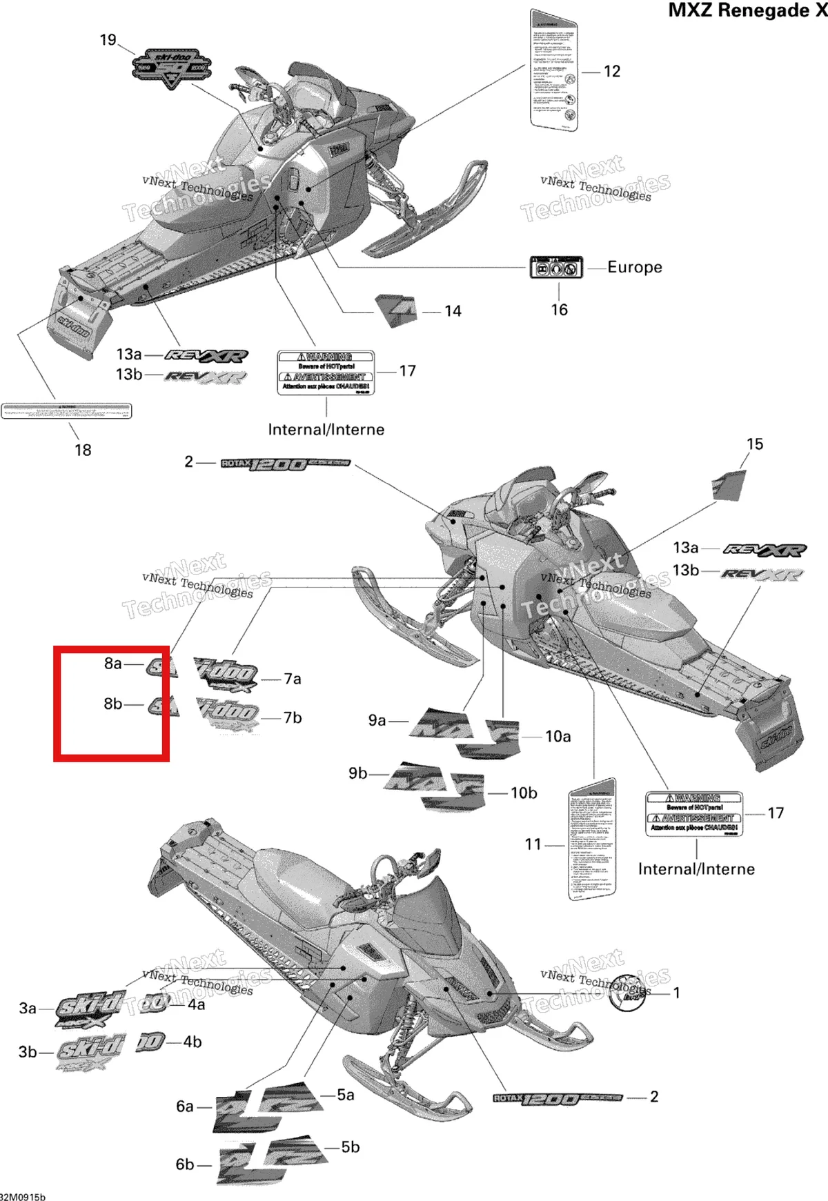 Деталь 516003738 на схеме узла 2009 Ski-Doo MX Z Renegade X 1200 4-TEC Decals Renegade X