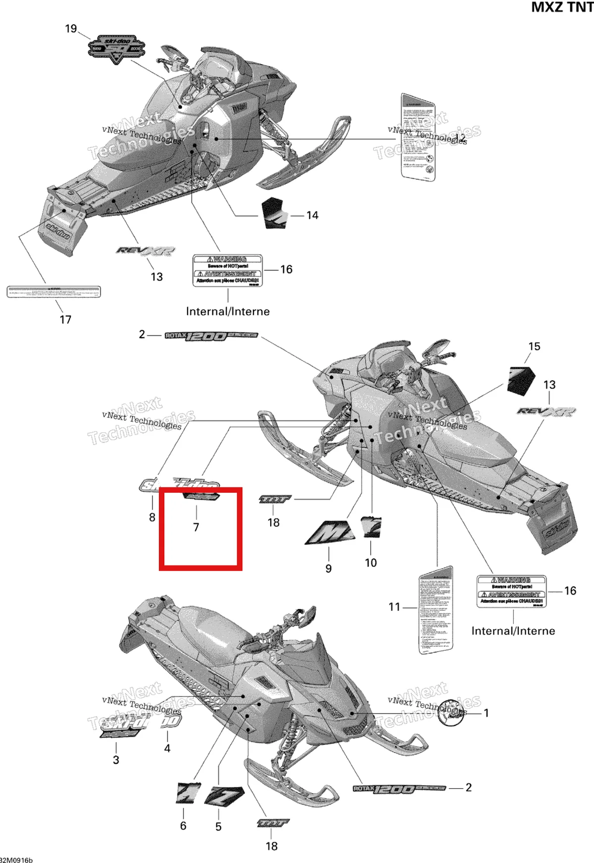 Деталь 516003740 на схеме узла 2009 Ski-Doo MX Z TNT 1200 4-TEC Decals Tnt