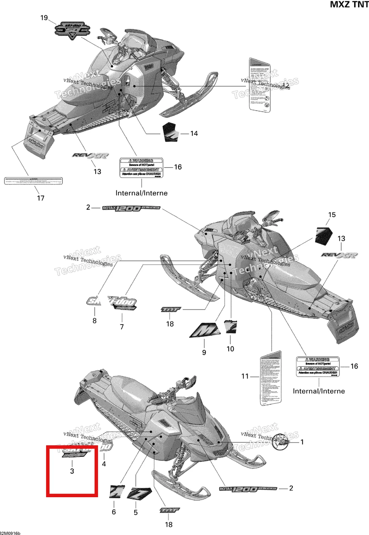 Деталь 516003741 на схеме узла 2009 Ski-Doo MX Z TNT 1200 4-TEC Decals Tnt