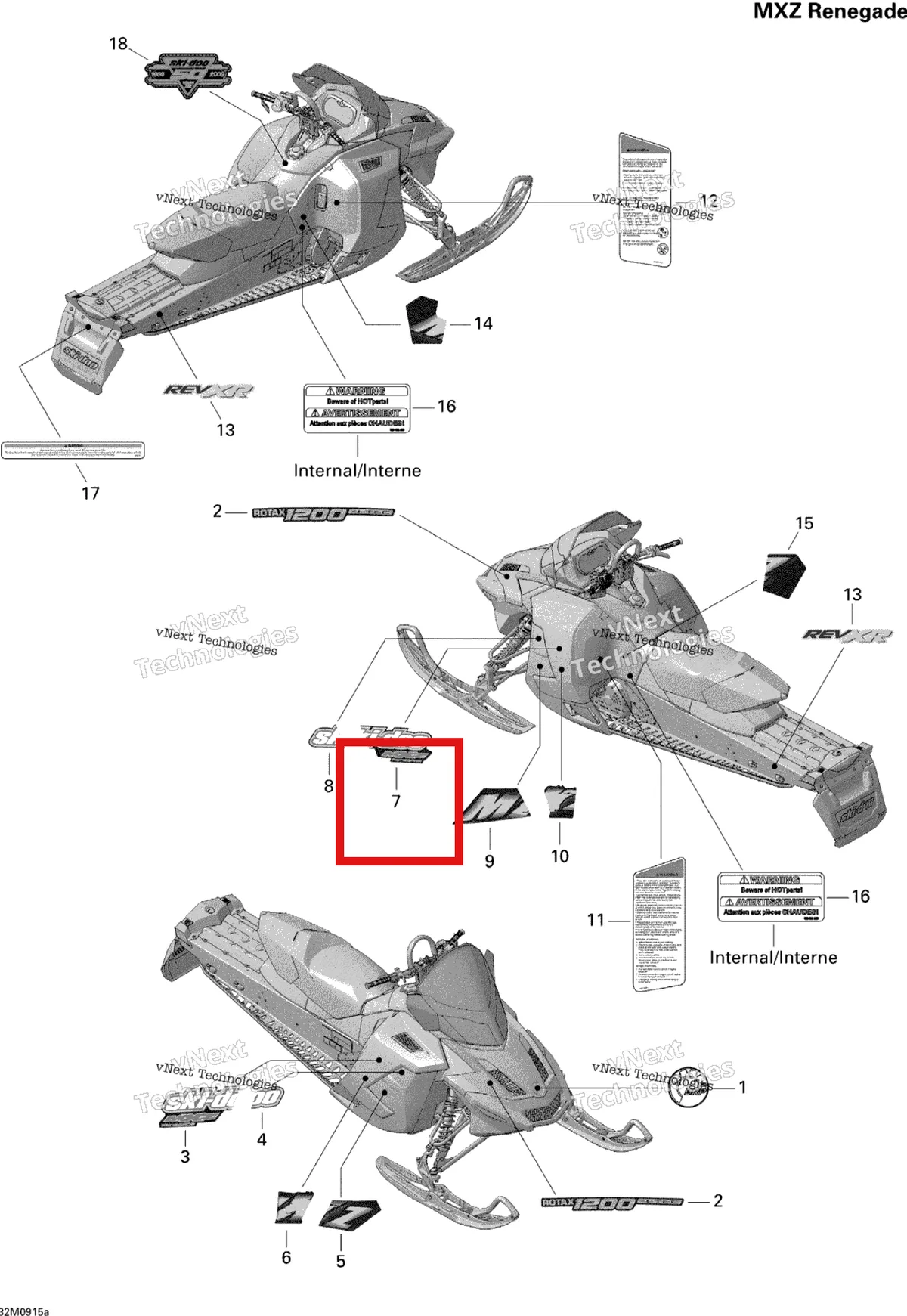 Деталь 516003742 на схеме узла 2009 Ski-Doo MX Z Renegade 1200 4-TEC Decals Renegade