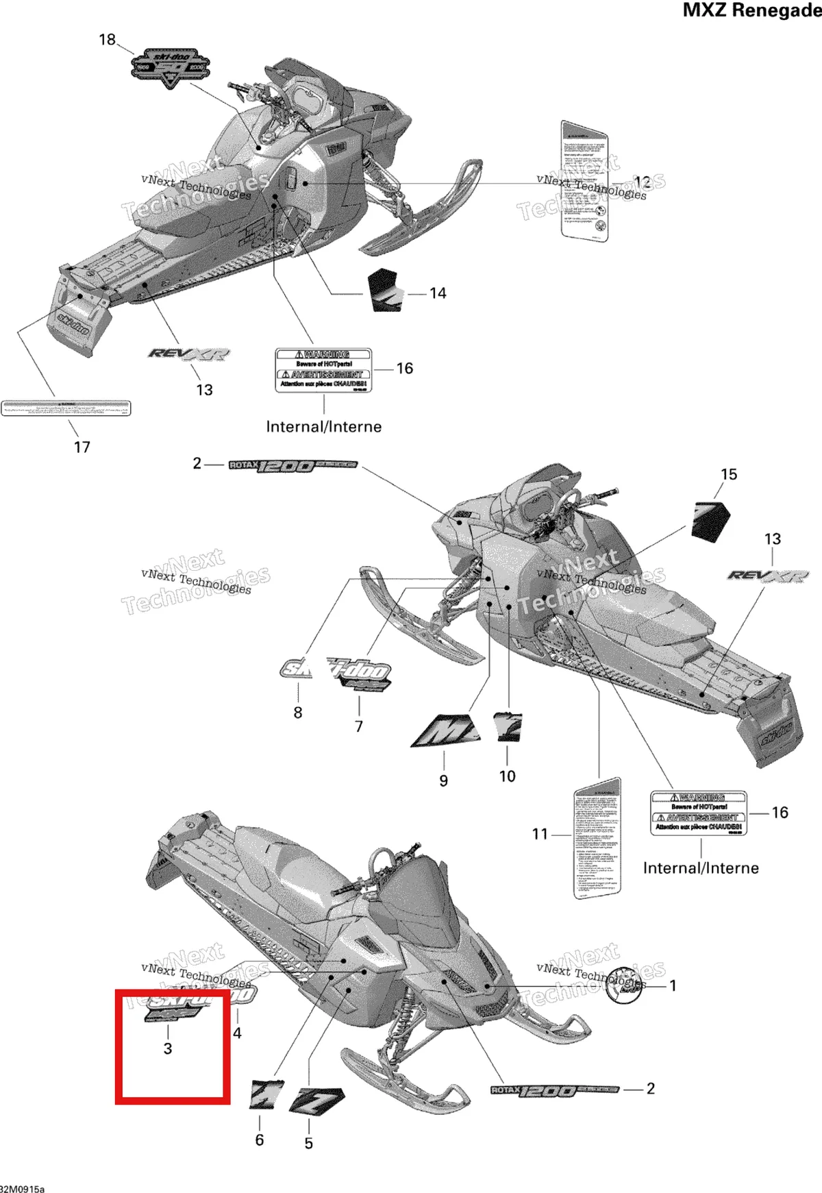 Деталь 516003743 на схеме узла 2009 Ski-Doo MX Z Renegade 1200 4-TEC Decals Renegade