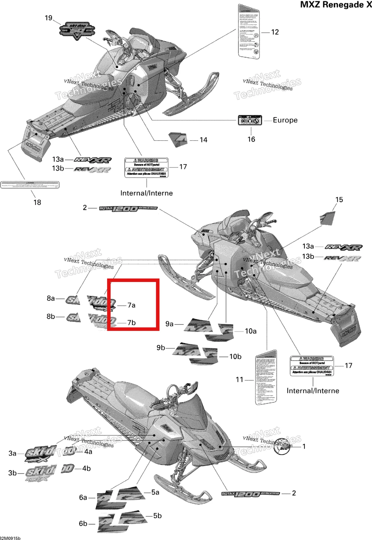 Деталь 516003746 на схеме узла 2009 Ski-Doo MX Z Renegade X 1200 4-TEC Decals Renegade X