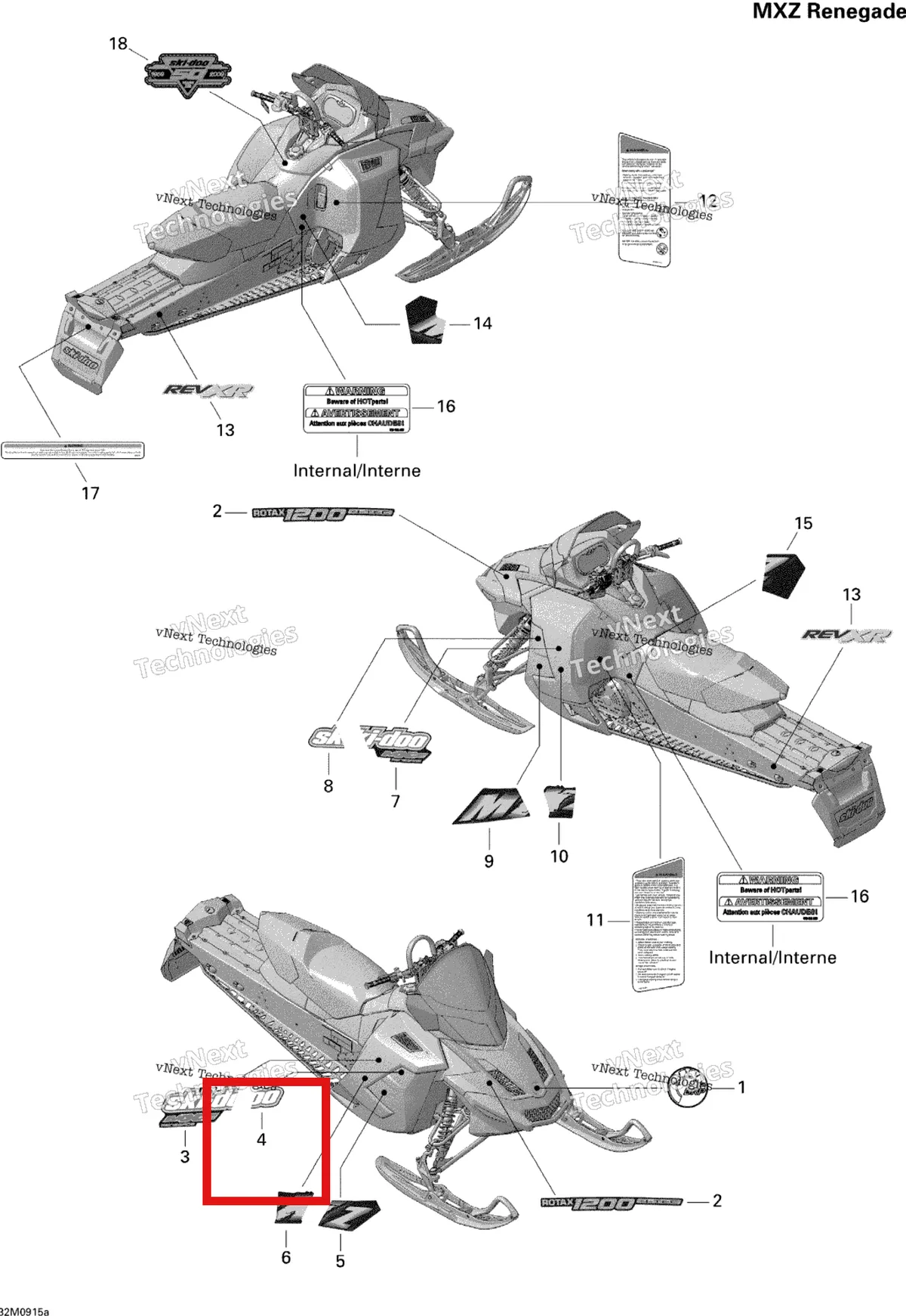 Деталь 516003750 на схеме узла 2009 Ski-Doo MX Z Renegade 1200 4-TEC Decals Renegade