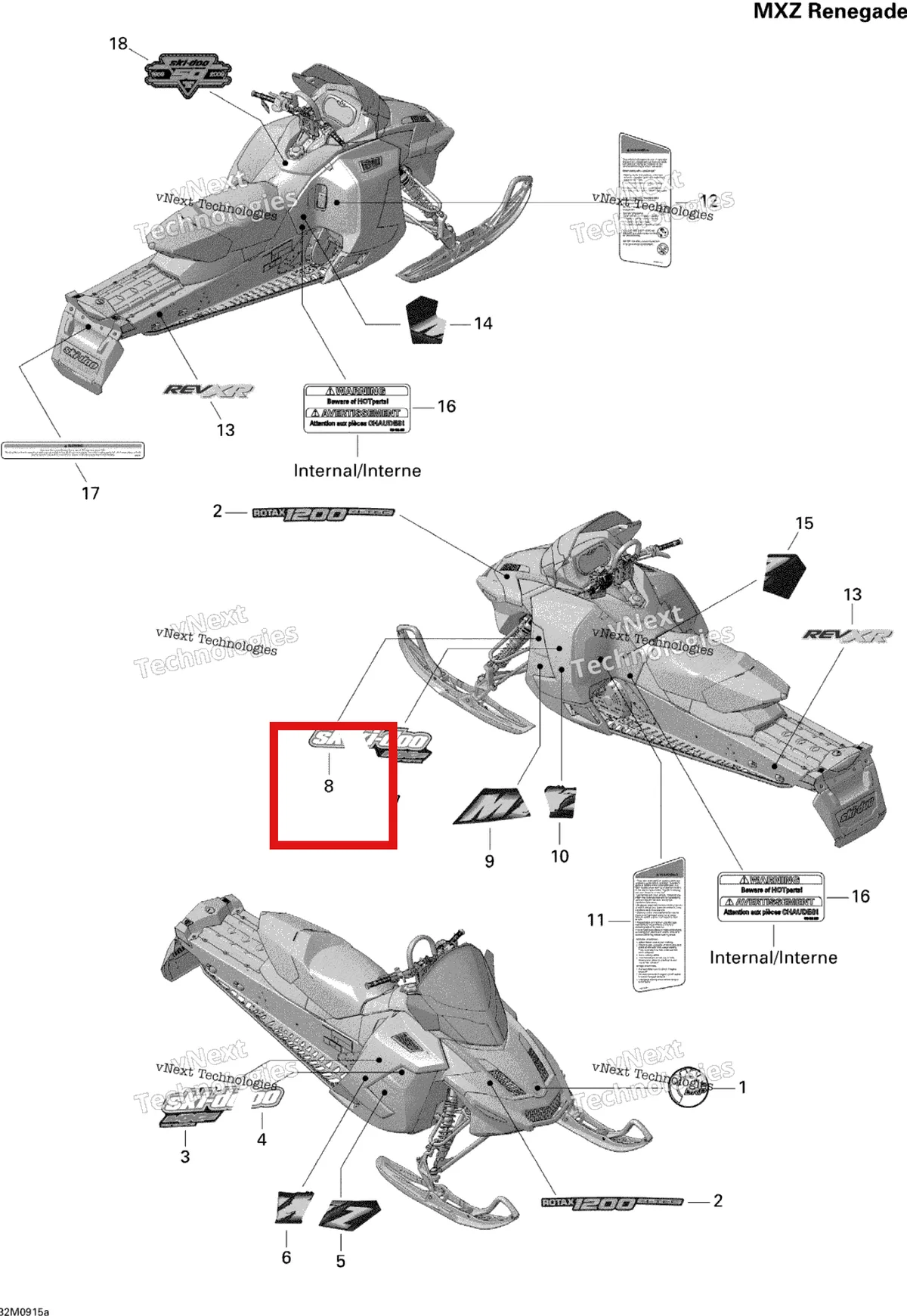 Деталь 516003751 на схеме узла 2009 Ski-Doo MX Z Renegade 1200 4-TEC Decals Renegade
