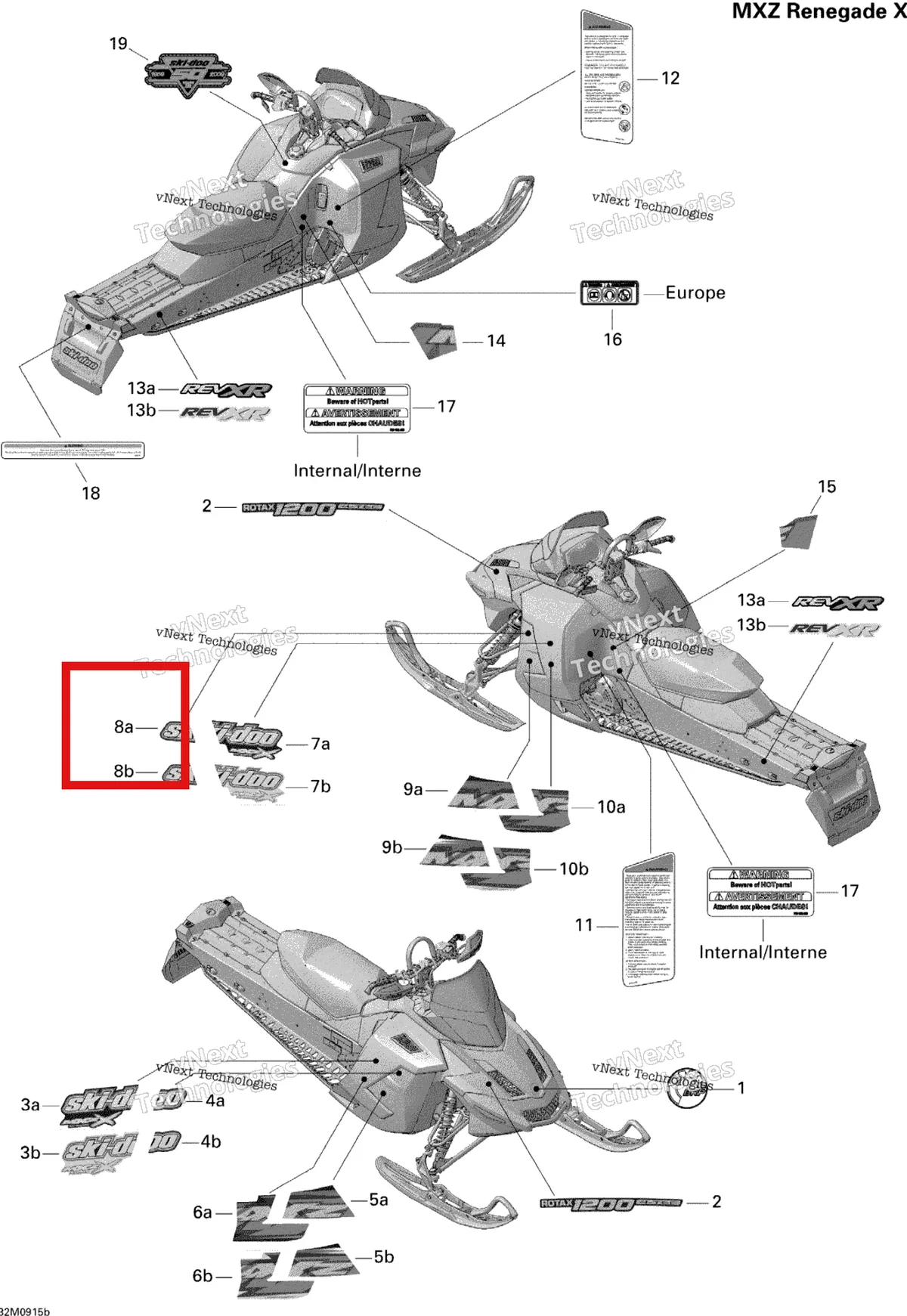 Деталь 516003781 на схеме узла 2009 Ski-Doo MX Z Renegade X 1200 4-TEC Decals Renegade X