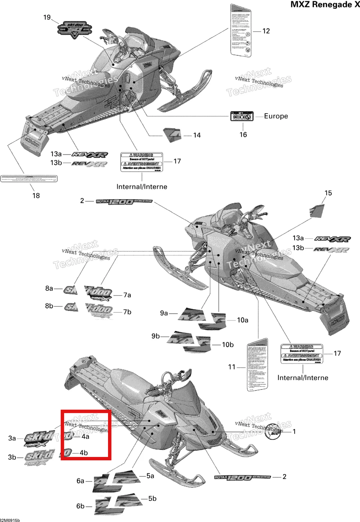 Деталь 516003782 на схеме узла 2009 Ski-Doo MX Z Renegade X 1200 4-TEC Decals Renegade X