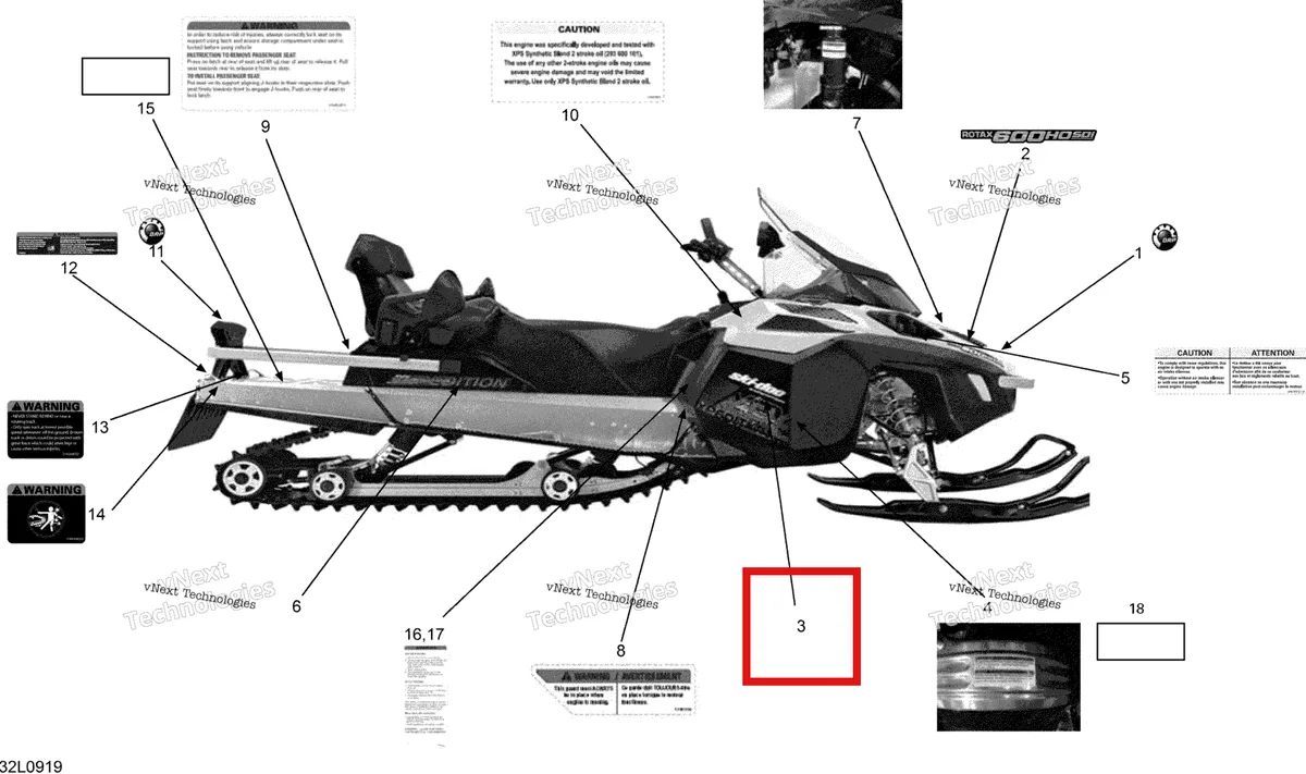 Деталь 516003801 на схеме узла 2009 Ski-Doo Expedition TUV 600 H.O. SDI REV-XU Decals
