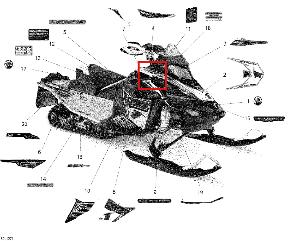 Деталь 516003824 (Деталь Decal, A-force Frame Tech. Re-xc) на схеме узла 09- Decals