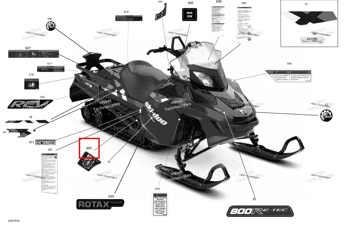Деталь 516003925 (Проверка Этикетка Масла) на схеме узла 2019 Ski-Doo EXPEDITION XTREME 800R E-TEC Decals - Xtreme