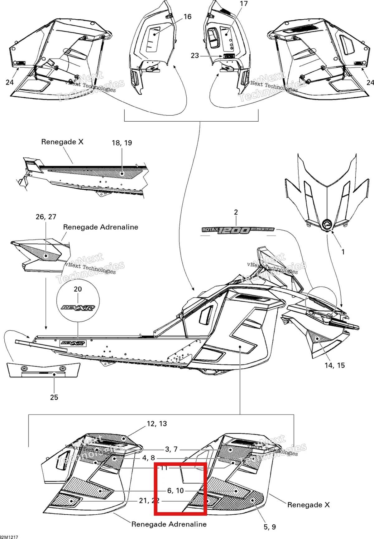 Деталь 516004885 на схеме узла 2012 Ski-Doo Renegade X & Adrenaline 1200 XR Decals Adrenaline