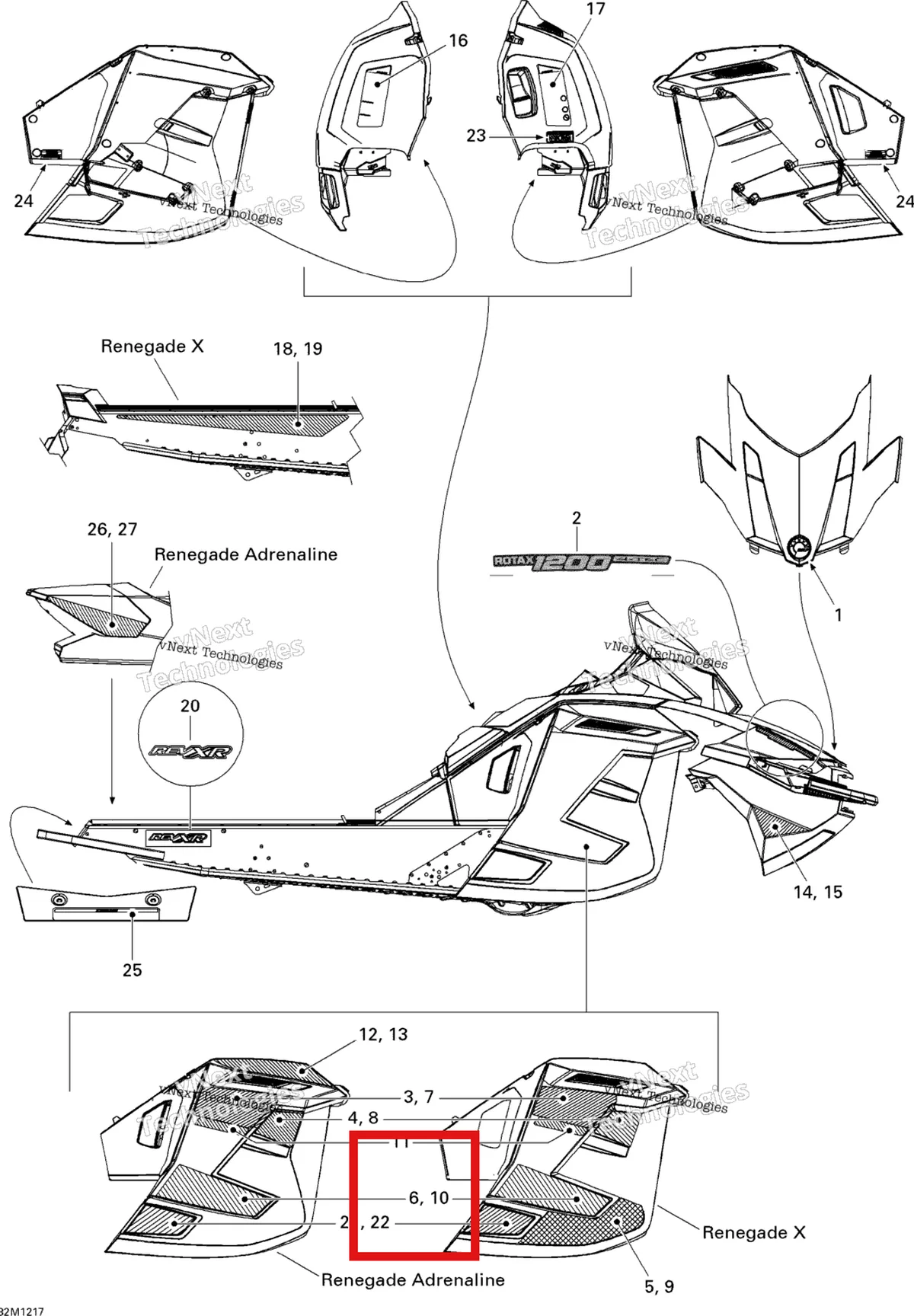 Деталь 516004886 на схеме узла 2012 Ski-Doo Renegade X & Adrenaline 1200 XR Decals Adrenaline