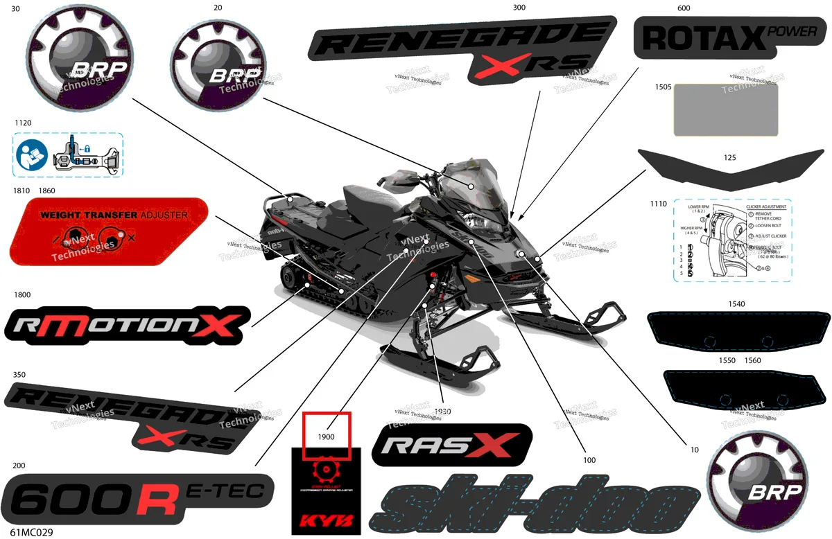 Деталь 516005534 (Деталь Shock Adjustment Decal) на схеме узла 2023 Ski-Doo RENEGADE 600R E-TEC - XRS COMPETITION Body - Decals