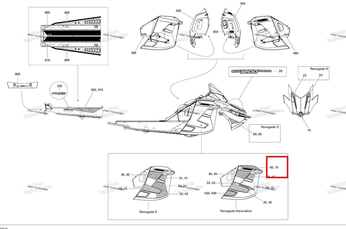 Деталь 516005546 на схеме узла 2013 Ski-Doo RENEGADE X & ADRENALINE 1200 XR Decals Adrenaline