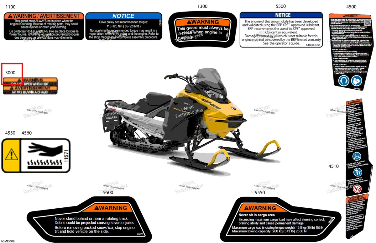 Деталь 516005904 (Наклейка) на схеме узла 2024 Ski-Doo BACKCOUNTRY 600 EFI - SPORT - UBRA - Neo Yellow - 146X15X1.6C Track Body - Warning Decals