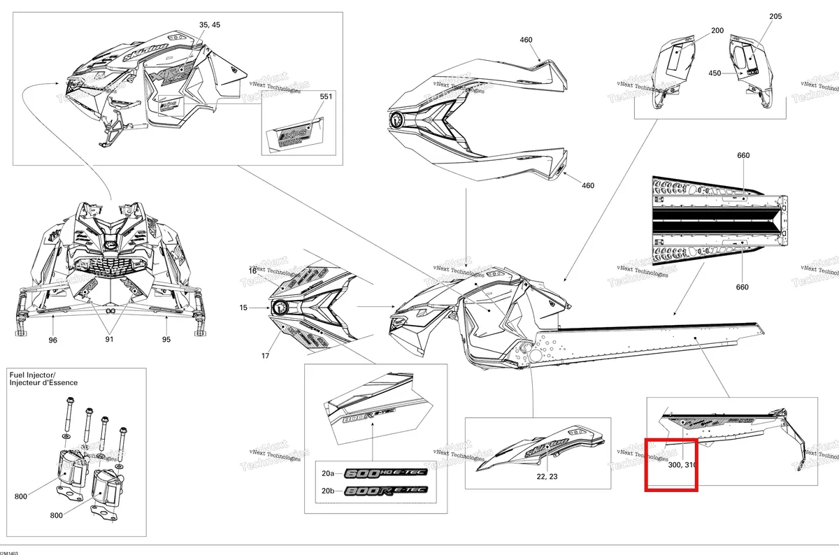 Деталь 516006140 на схеме узла 2014 Ski-Doo MXZ X-RS 600HOE XS RS Decals 600Hoetec