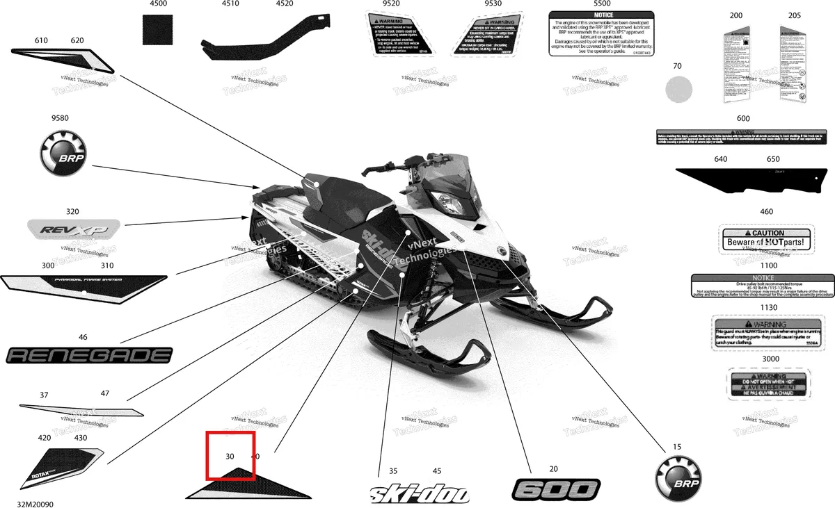 Деталь 516006527 на схеме узла 2020 Ski-Doo RENEGADE 600 CARB Body - Decals - Sport