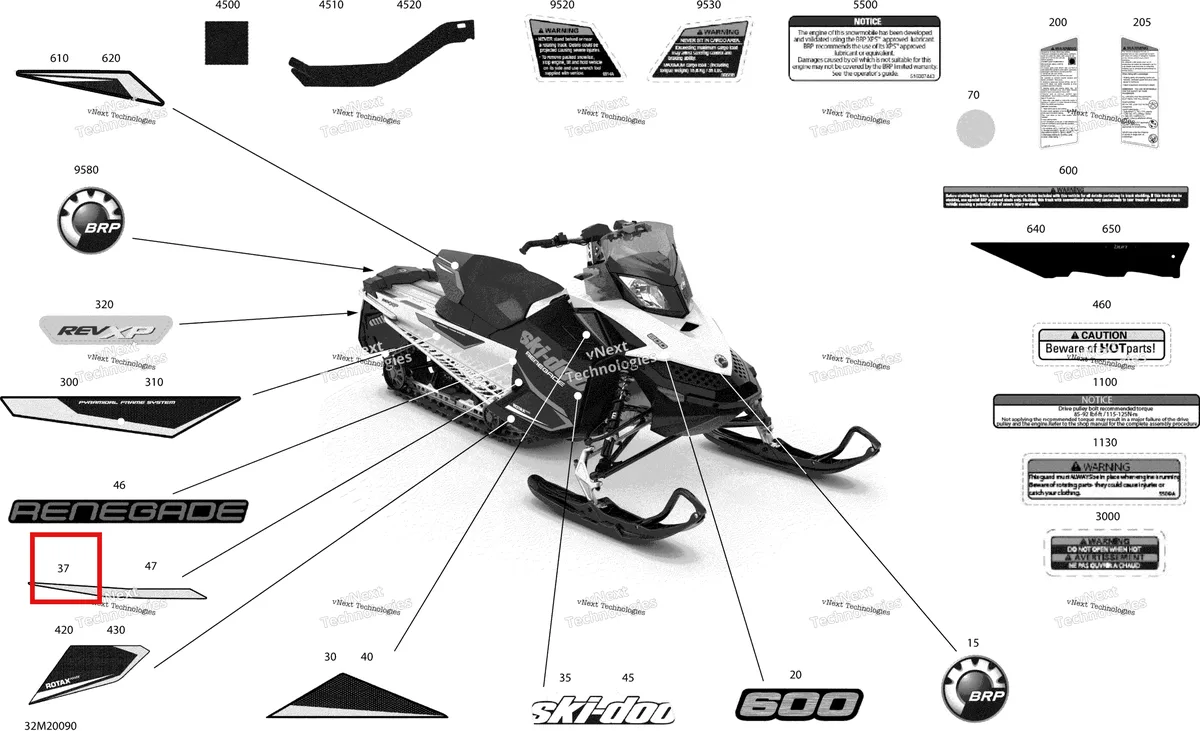 Деталь 516006529 на схеме узла 2020 Ski-Doo RENEGADE 600 CARB Body - Decals - Sport