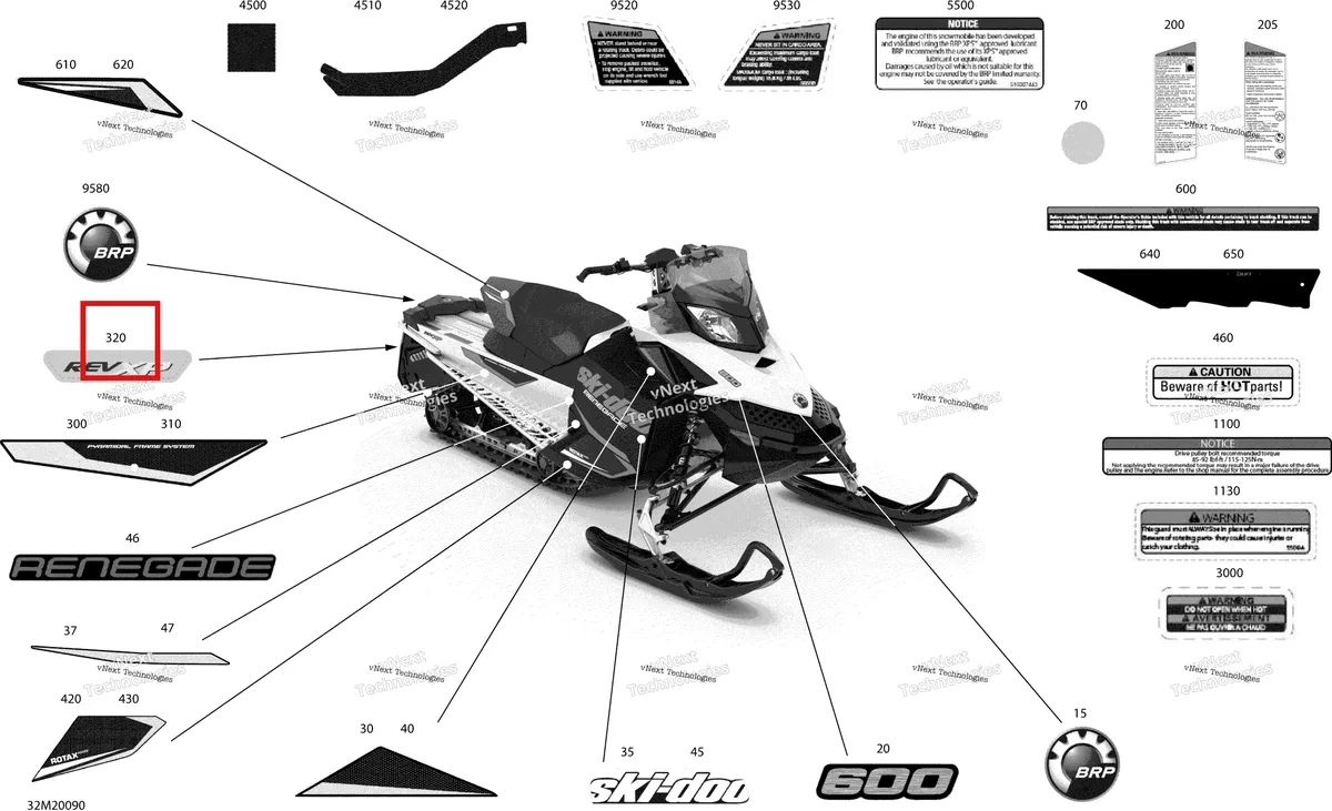 Деталь 516006532 на схеме узла 2020 Ski-Doo RENEGADE 600 CARB Body - Decals - Sport