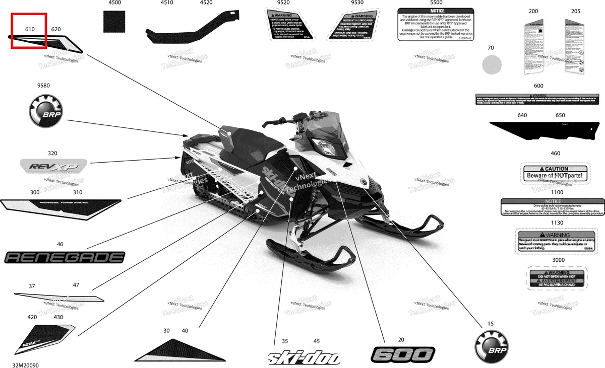 Деталь 516006536 на схеме узла 2020 Ski-Doo RENEGADE 600 CARB Body - Decals - Sport