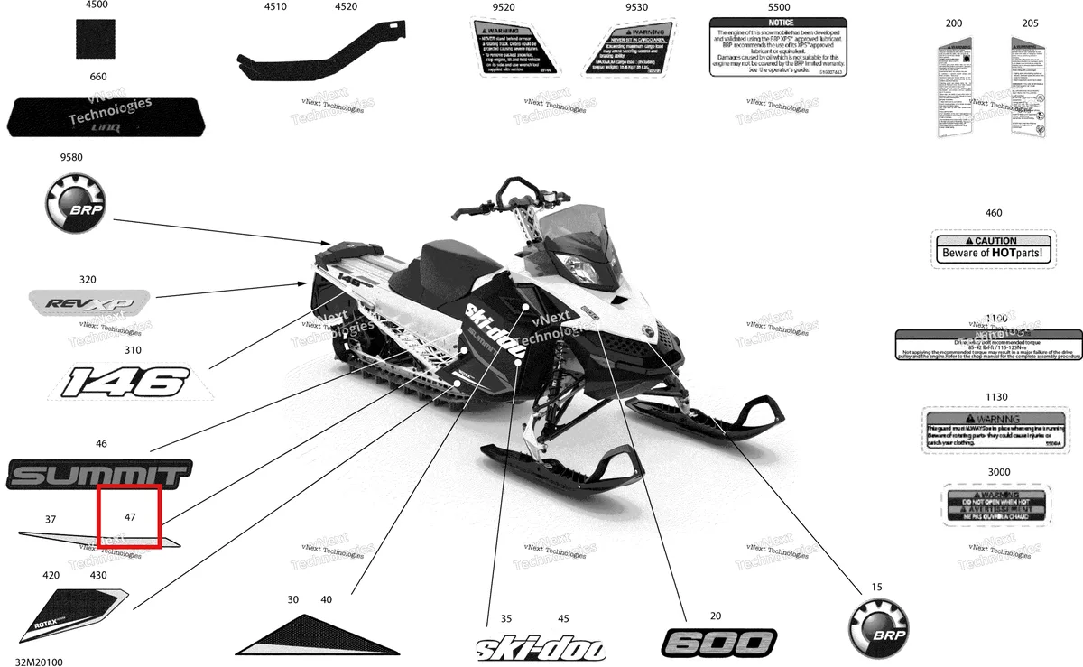Деталь 516006563 на схеме узла 2020 Ski-Doo SUMMIT 600 CARB Body - Decals - Sport
