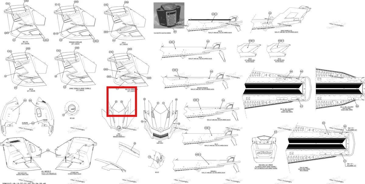 Деталь 516006637 на схеме узла 2015 Ski-Doo RENEGADE X 1200 XR137 Decals