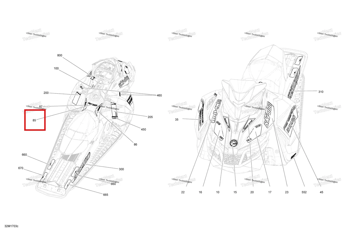 Деталь 516007296 на схеме узла 2017 Ski-Doo RENEGADE - 2-STROKE - 800R E-TEC Decals - Package Enduro