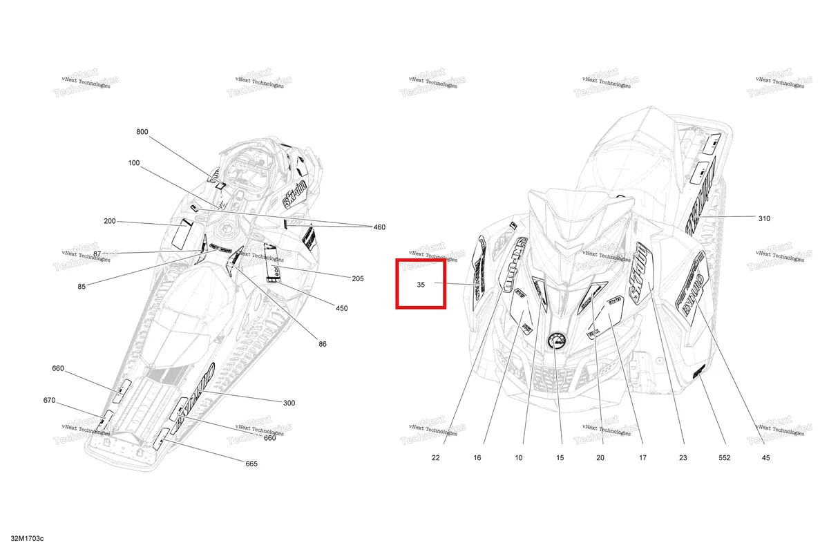 Деталь 516007528 на схеме узла 2017 Ski-Doo RENEGADE - 2-STROKE - 800R E-TEC Decals - Package Enduro
