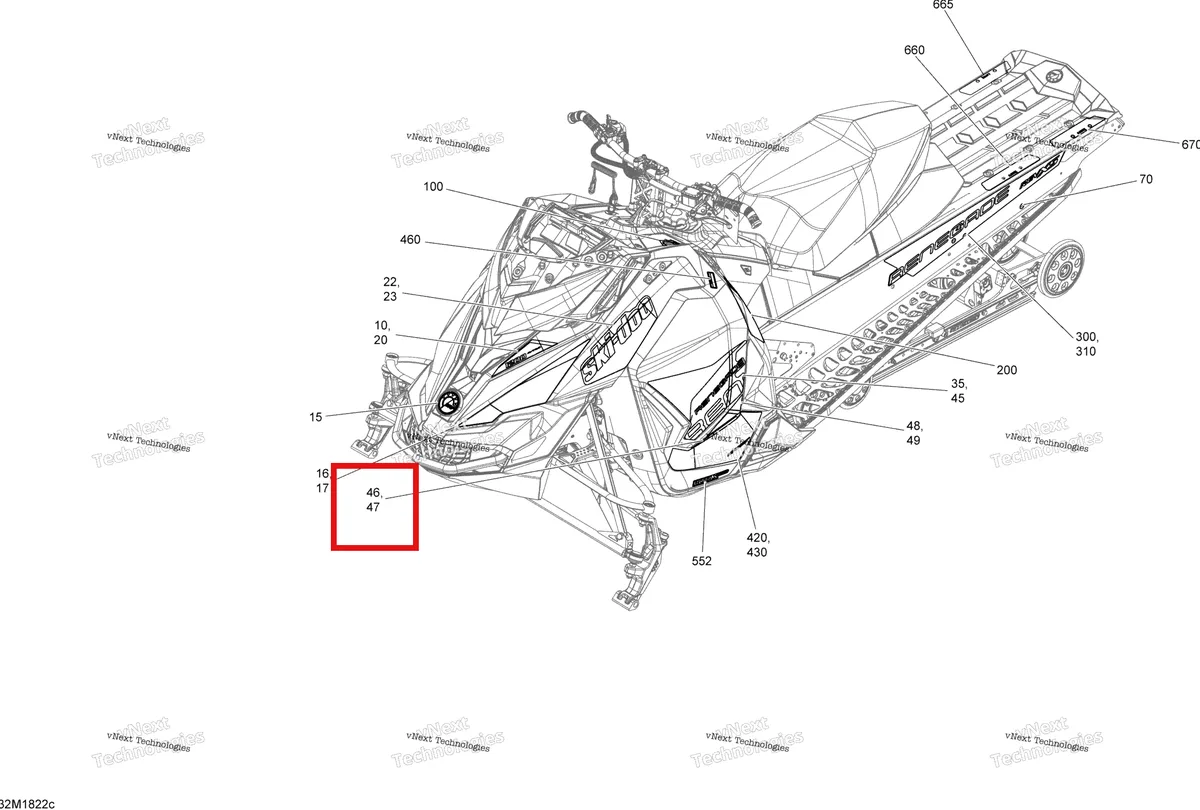 Деталь 516007825 на схеме узла 2018 Ski-Doo RENEGADE 1200 4-TEC Decals Renegade - 1200 4-Tec - Package Adrenaline