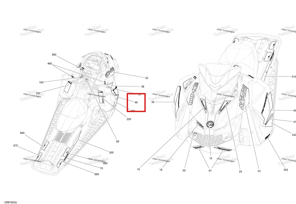 Деталь 516007826 на схеме узла 2018 Ski-Doo RENEGADE 600HO E-TEC Decals Renegade - 600Ho E-Tec - Package Adrenaline