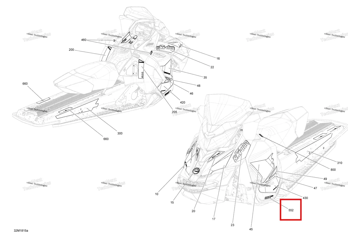 Деталь 516007843 на схеме узла 2018 Ski-Doo MXZ 600HO E-TEC Decals Mxz - 600Ho E-Tec - Package Tnt