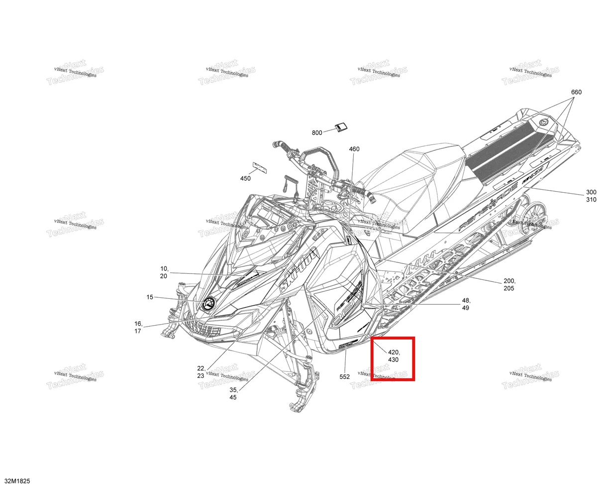 Деталь 516007844 на схеме узла 2018 Ski-Doo RENEGADE 600HO E-TEC Decals Renegade - 600Ho E-Tec - Package Bc