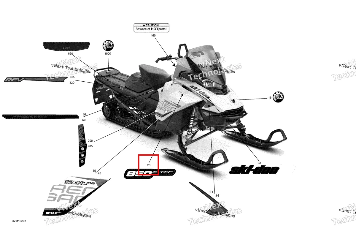 Деталь 516007847 на схеме узла 2018 Ski-Doo RENEGADE 850 E-TEC Decals Renegade - 850E-Tec - Package Backcountry