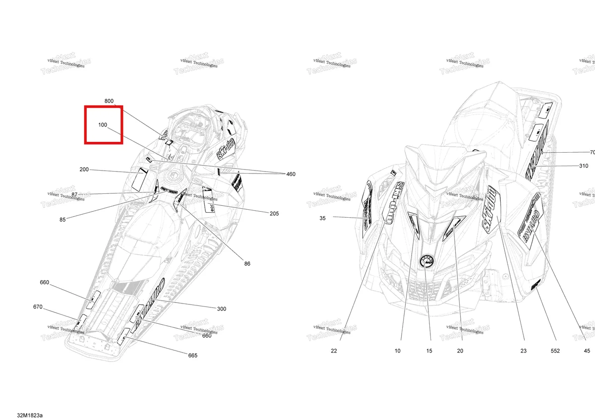 Деталь 516007850 на схеме узла 2018 Ski-Doo RENEGADE 600HO E-TEC Decals Renegade - 600Ho E-Tec - Package Enduro