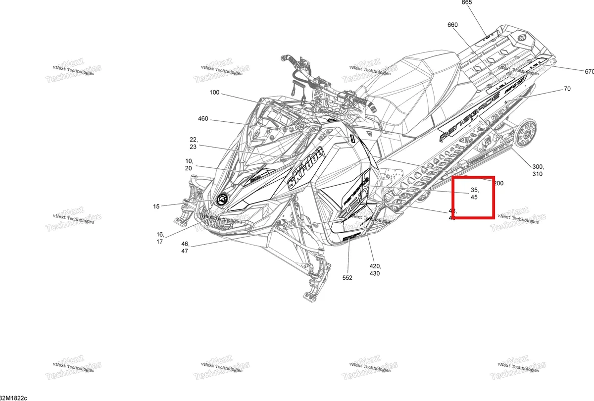 Деталь 516007859 на схеме узла 2018 Ski-Doo RENEGADE 1200 4-TEC Decals Renegade - 1200 4-Tec - Package Adrenaline