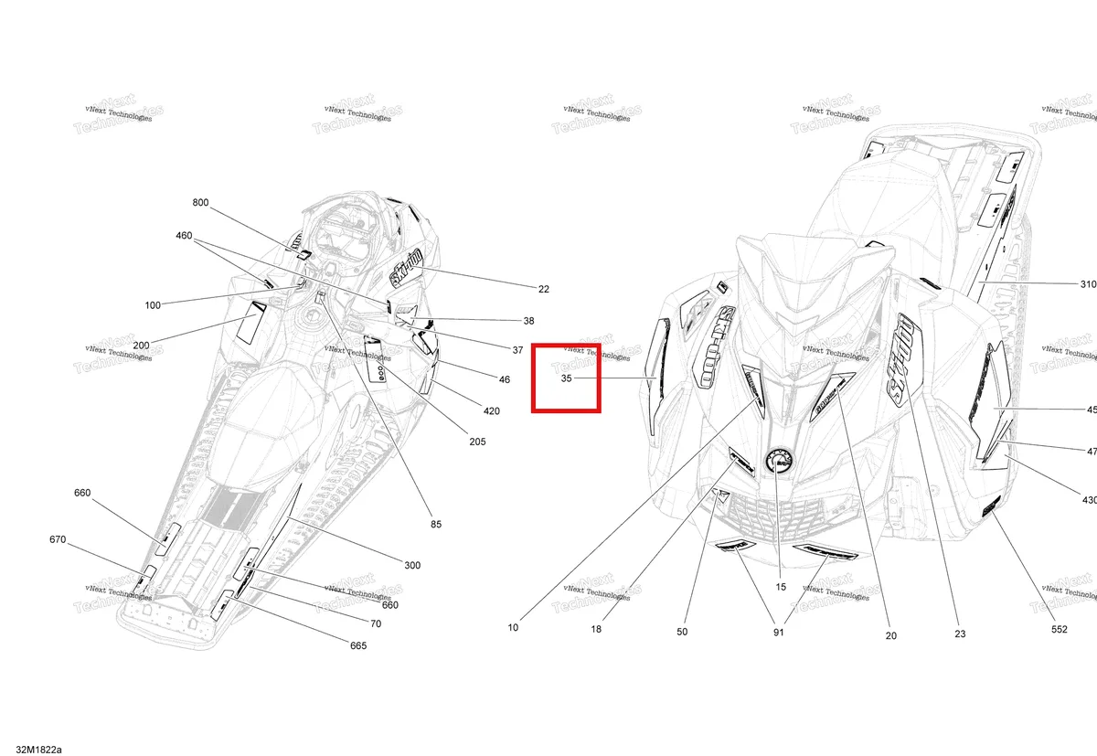 Деталь 516007860 на схеме узла 2018 Ski-Doo RENEGADE 600HO E-TEC Decals Renegade - 600Ho E-Tec - Package Adrenaline