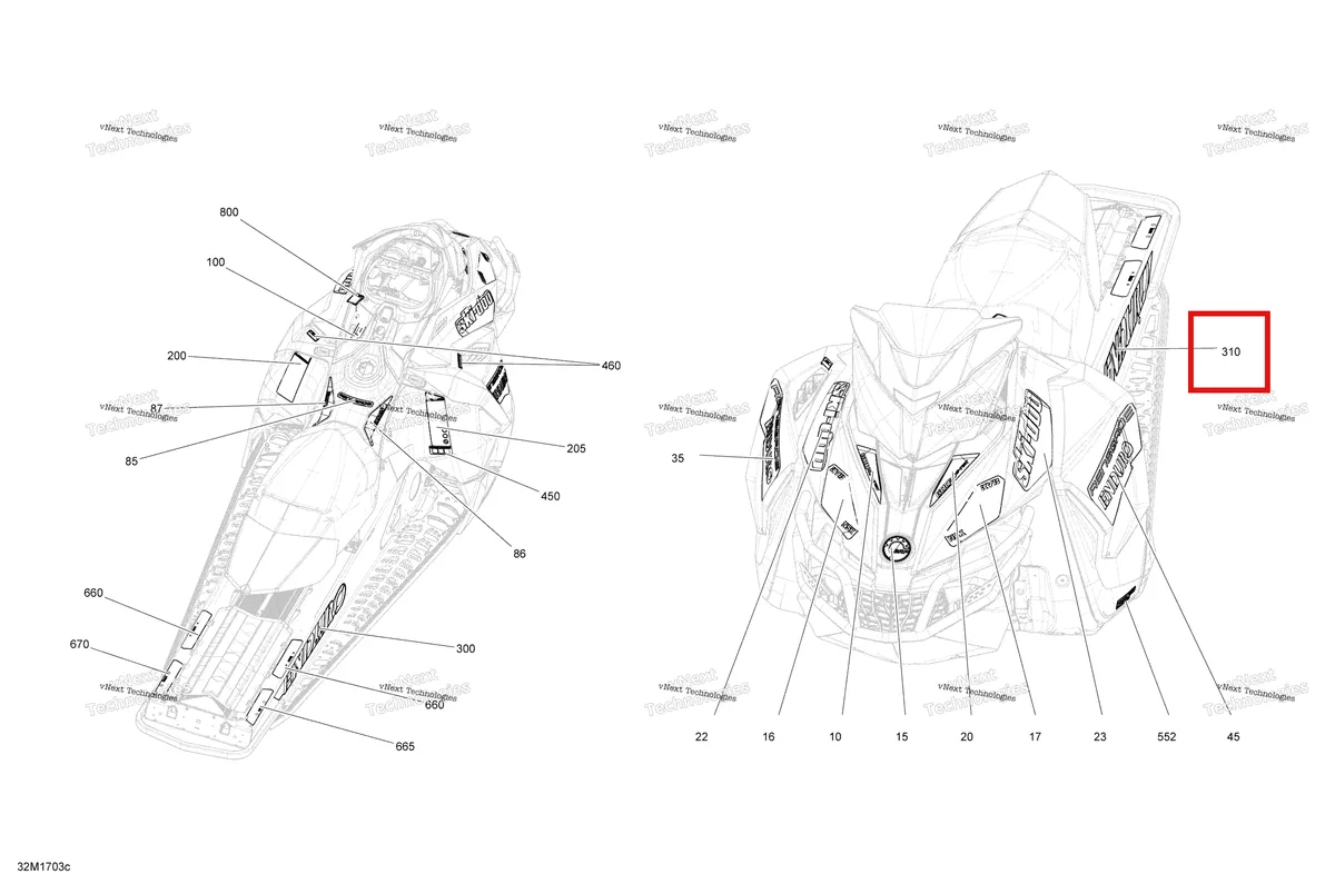 Деталь 516007881 на схеме узла 2017 Ski-Doo RENEGADE - 2-STROKE - 800R E-TEC Decals - Package Enduro