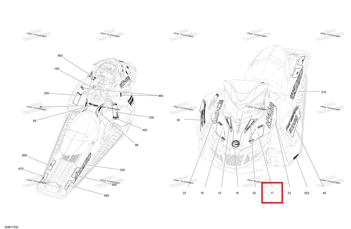Деталь 516007897 на схеме узла 2017 Ski-Doo RENEGADE - 2-STROKE - 800R E-TEC Decals - Package Enduro