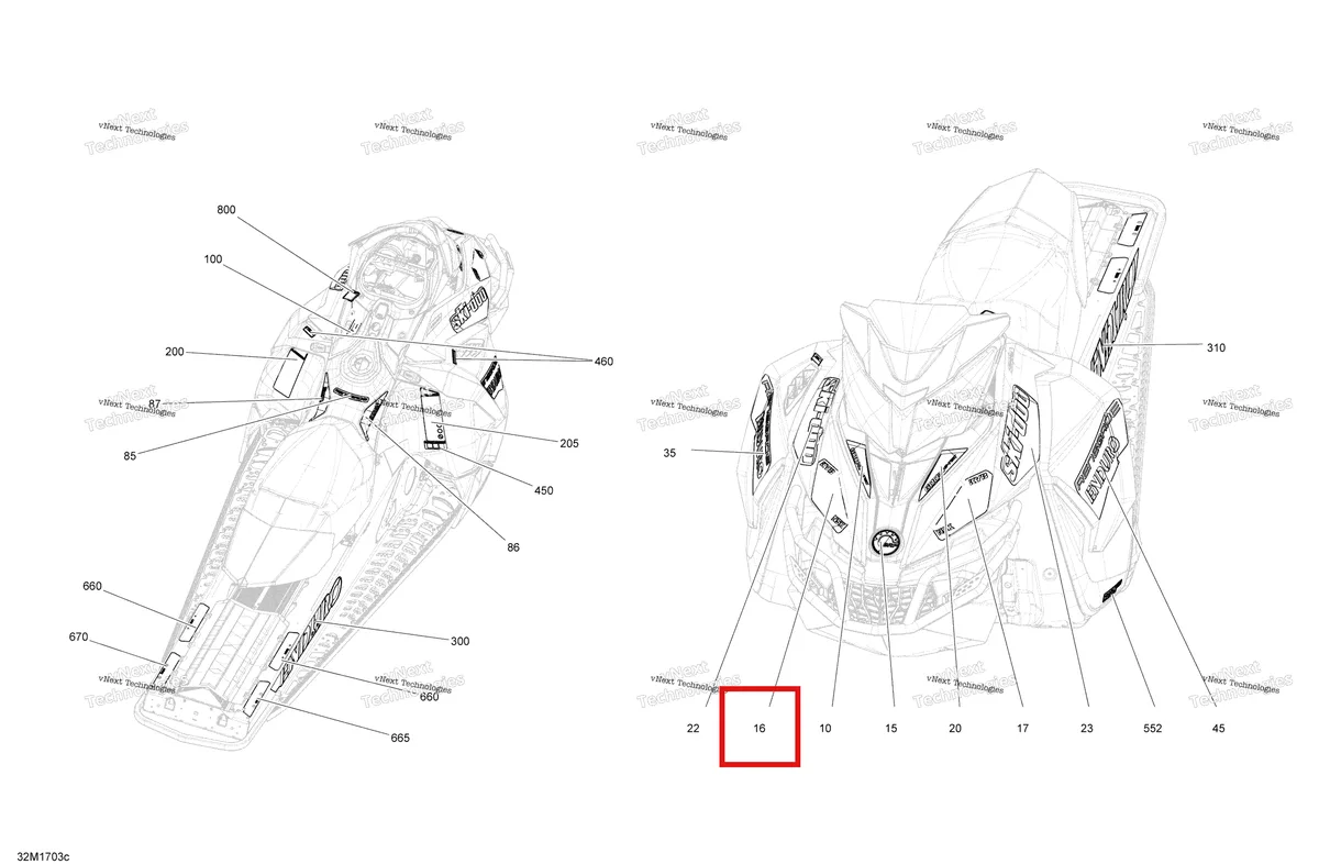Деталь 516007898 на схеме узла 2017 Ski-Doo RENEGADE - 2-STROKE - 800R E-TEC Decals - Package Enduro