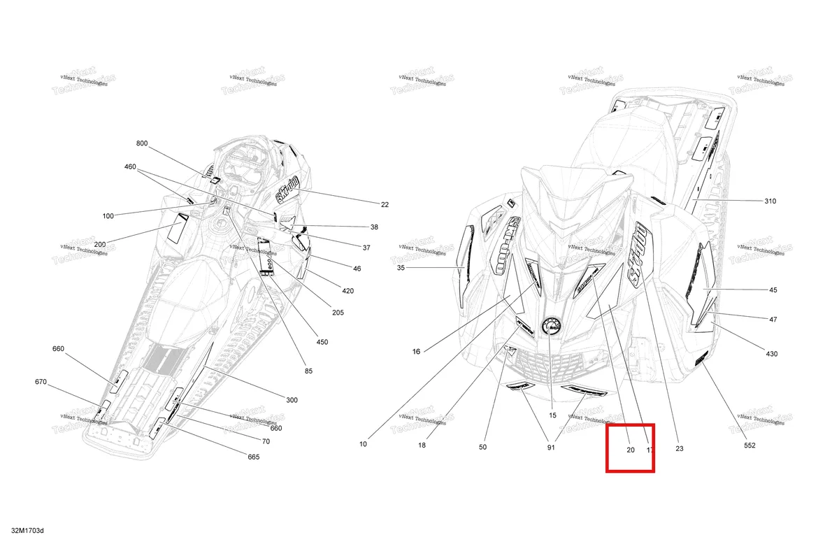 Деталь 516007912 на схеме узла 2017 Ski-Doo RENEGADE - 2-STROKE - 800R E-TEC Decals - Package Backcountry_Backcountry X