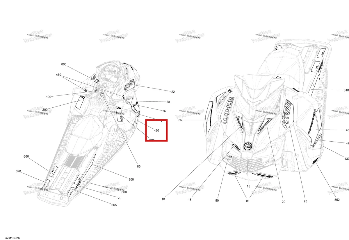 Деталь 516007942 на схеме узла 2018 Ski-Doo RENEGADE 600HO E-TEC Decals Renegade - 600Ho E-Tec - Package Adrenaline