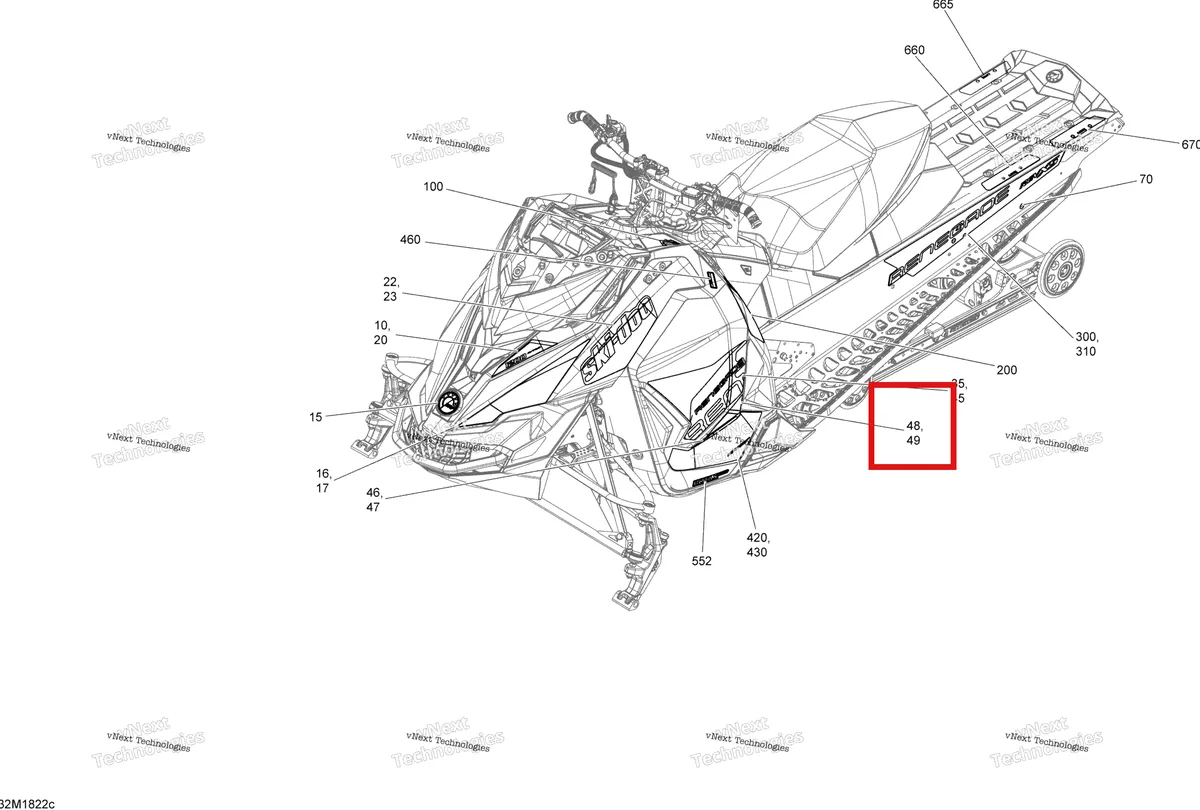 Деталь 516007943 на схеме узла 2018 Ski-Doo RENEGADE 1200 4-TEC Decals Renegade - 1200 4-Tec - Package Adrenaline