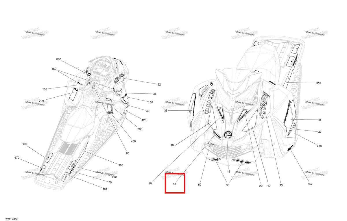 Деталь 516007964 на схеме узла 2017 Ski-Doo RENEGADE - 2-STROKE - 800R E-TEC Decals - Package Backcountry_Backcountry X