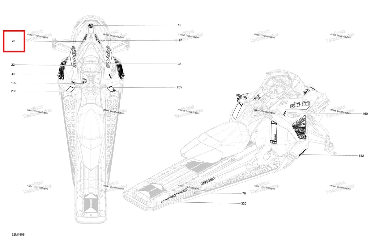 Деталь 516007985 на схеме узла 2018 Ski-Doo GRAND TOURING 1200 4-TEC Decals Grand Touring - 1200 4-Tec - Package Le