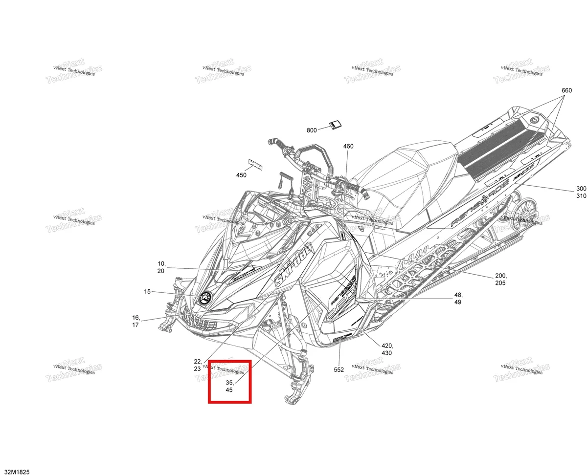 Деталь 516007988 на схеме узла 2018 Ski-Doo RENEGADE 600HO E-TEC Decals Renegade - 600Ho E-Tec - Package Bc
