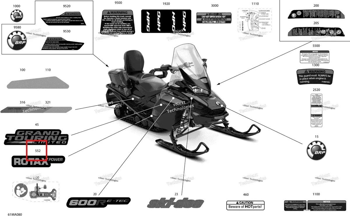 Деталь 516008068 на схеме узла 2021 Ski-Doo GRAND TOURING 600R E-TEC Body - Decals